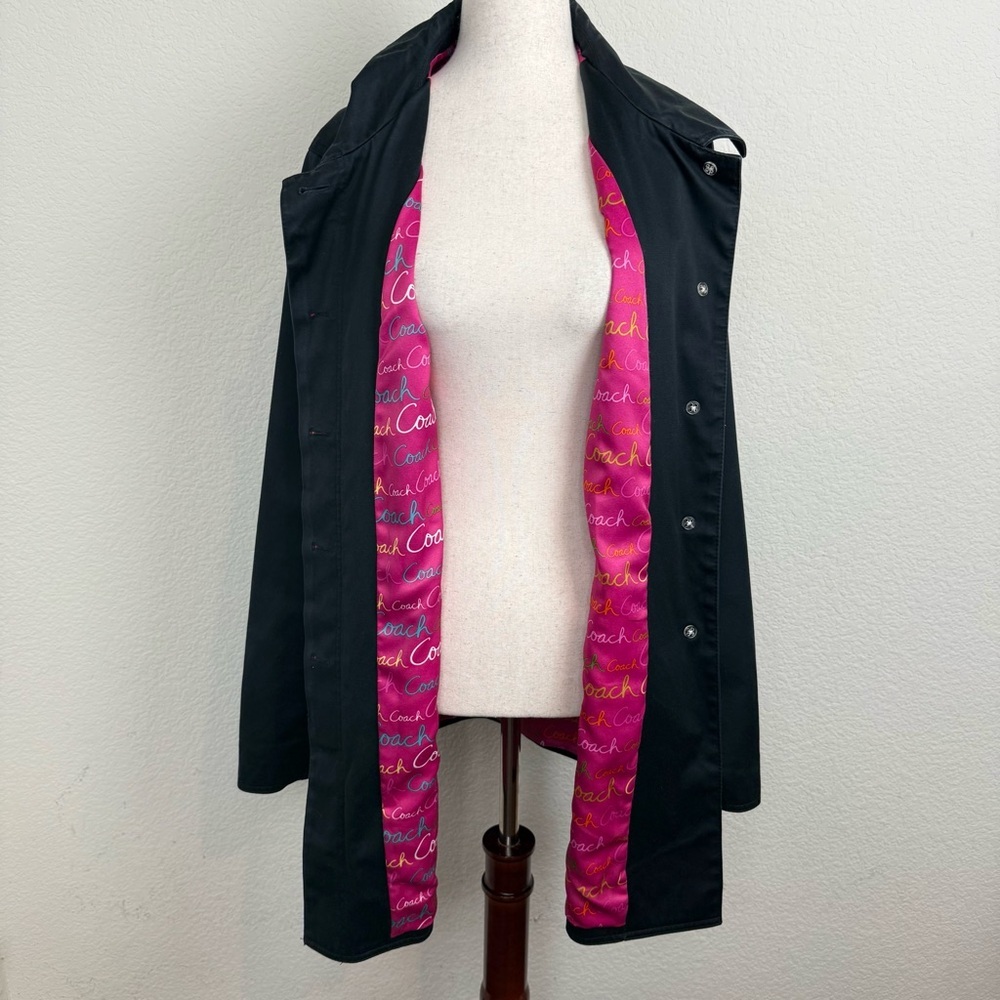 Coach Black Trench Coat Womens Large Pink Logo Lining Classic Designer Jacket
